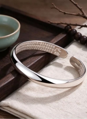纯纯匠心光面心经贵妃银手镯999纯银实心开口女送妈妈母亲节礼物