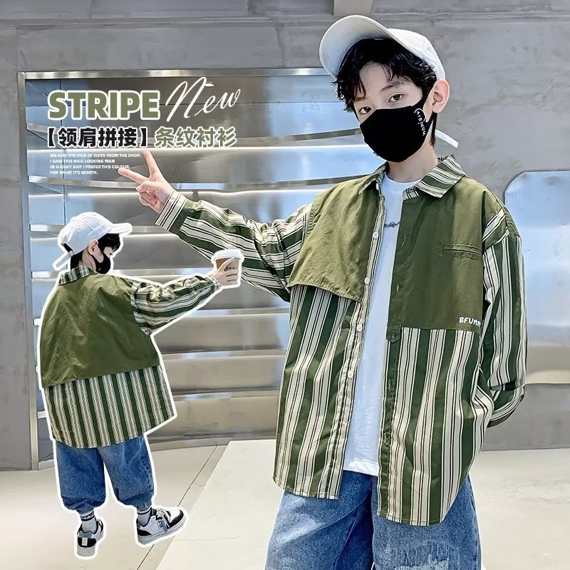 童装春装2025新款韩版男童衬衫儿童衬衣中大童百搭上衣条纹洋气潮