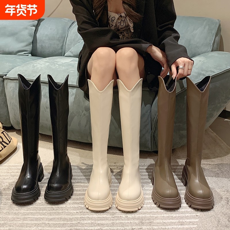 他她女孩长筒靴女春秋季小个子圆头复古高筒骑士靴厚底v口中跟粗