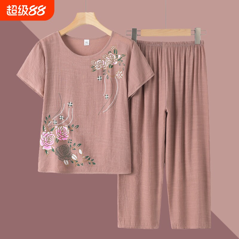 奶奶棉绸夏装T恤衫套装短袖衣服两件套妈妈棉麻女装中老年休闲装