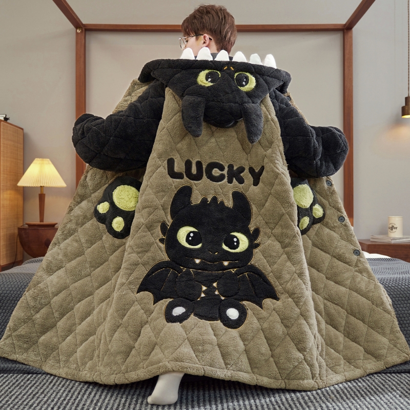 睡衣男款冬季三层夹棉珊瑚绒加绒加厚保暖卡通无牙仔睡浴袍家居服