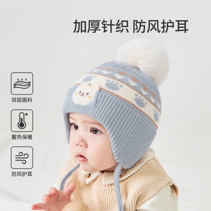 宝宝帽子秋冬儿童针织防风护耳帽男童婴儿冬季可爱加厚保暖毛线帽