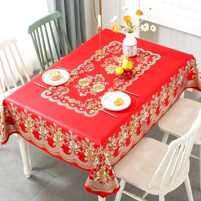红色桌布结婚茶几订婚喜庆PVC长方形茶几布防水防油免洗中式大气