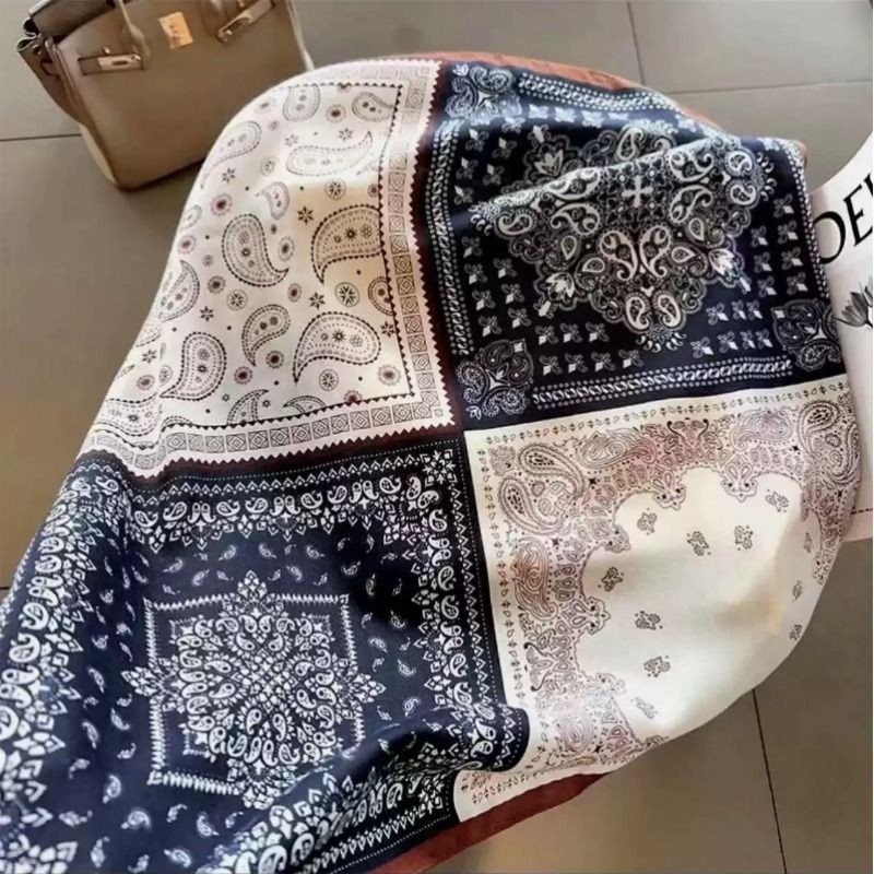 复古四格腰果70丝巾棉麻高级搭配新款方巾洋气时尚围巾衬衫领巾