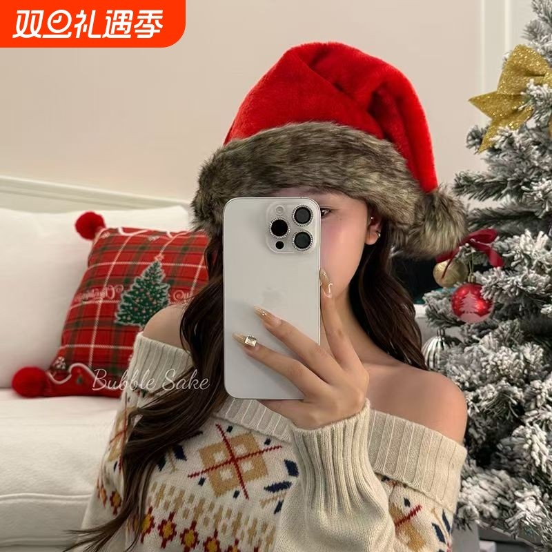 圣诞氛围感 棕色毛绒圣诞帽节日穿搭装扮头饰拍照道具秋冬配饰