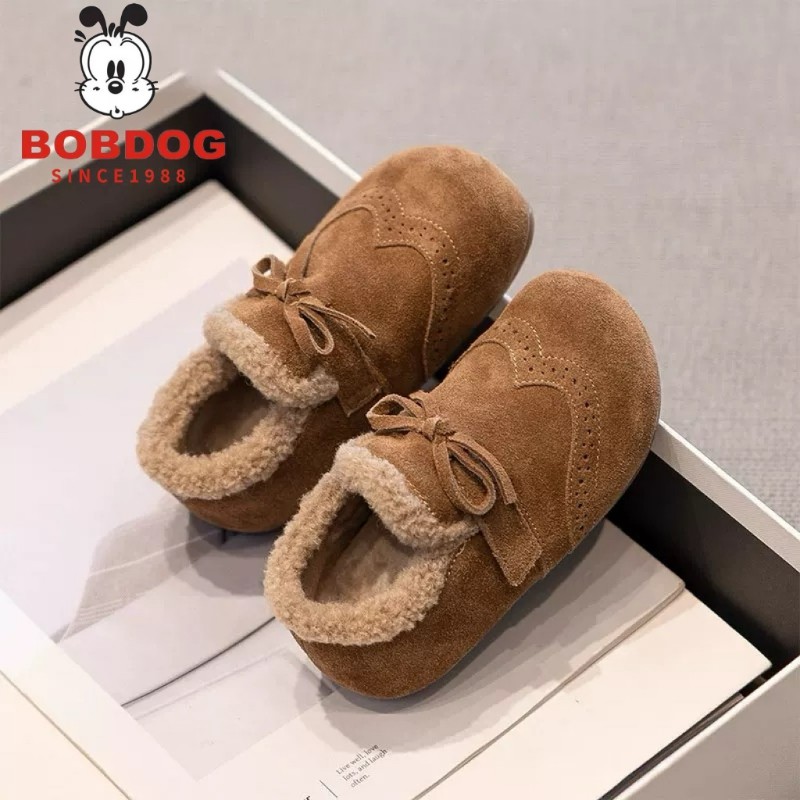 巴布豆女童大棉鞋2025新款儿童皮鞋秋冬女宝加绒鞋子勃肯鞋皮面
