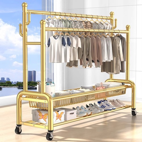 落地卧室加厚晾衣架衣服架子落地式简易双杆衣帽架收纳置物客厅