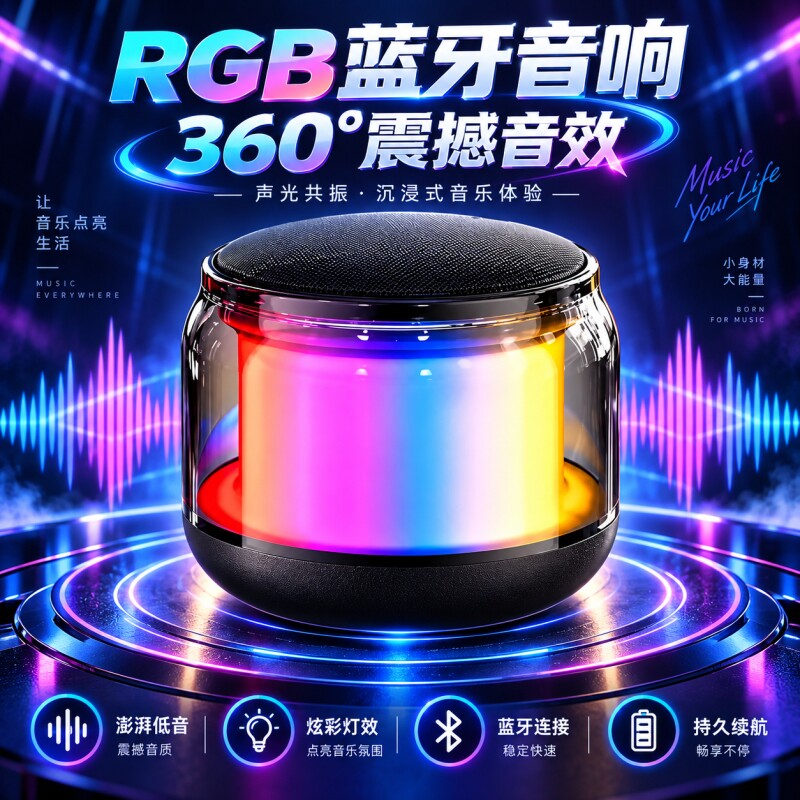 蓝牙音箱小型高音质超重低音超长户外续航低音炮无线音响RGB无线