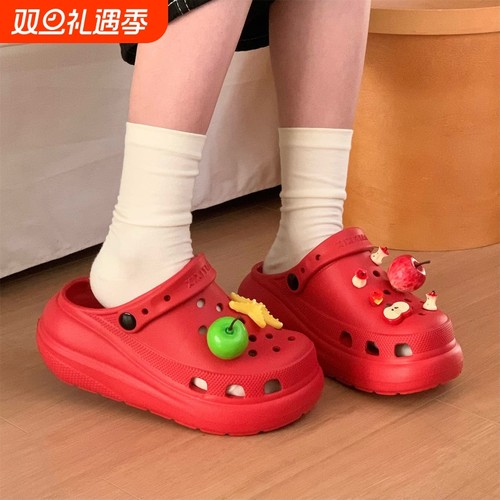 细细条度假风可爱红苹果洞洞鞋