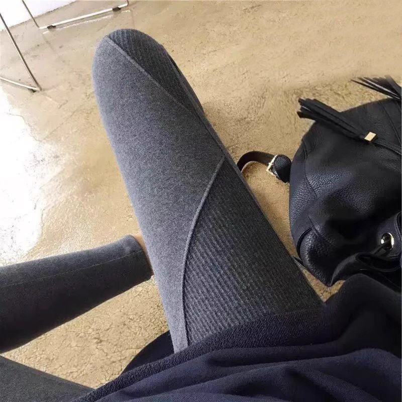 灰色加绒打底裤女秋冬外穿拼接棉裤显瘦紧身螺纹裤加厚秋裤子黑色