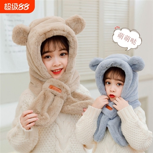 冬天儿童可爱小熊帽子围巾一体冬季新款男童女童宝宝加厚毛绒围脖