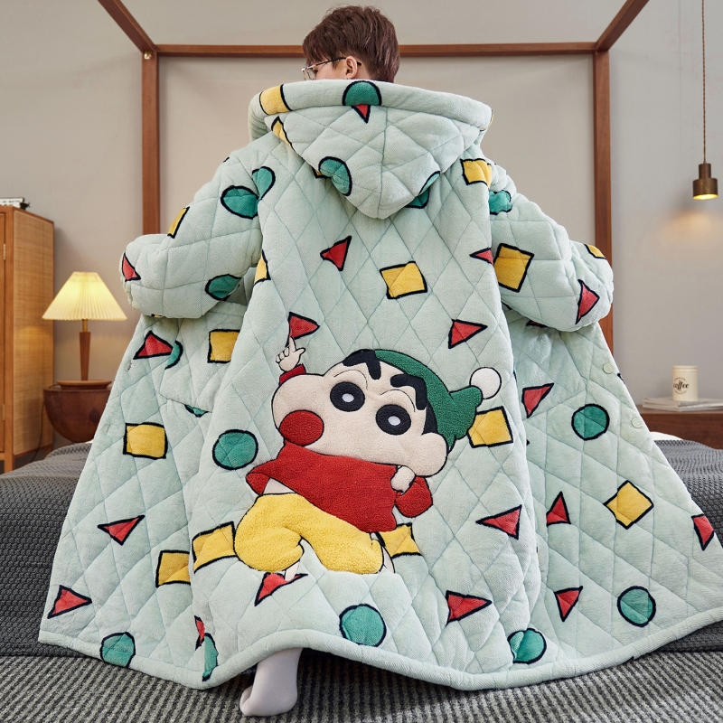 三层夹棉睡衣男款秋冬季珊瑚绒加绒加厚保暖蜡笔小新睡袍男家居服