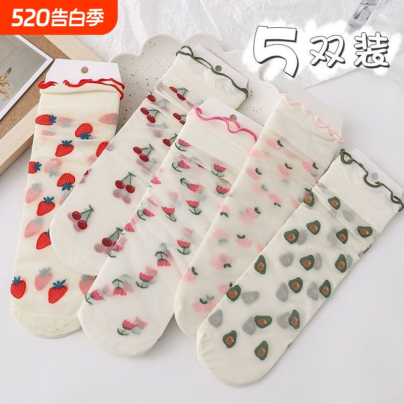 女童袜子夏季薄款防蚊中筒水果丝袜小学生女孩透明花边水晶长筒袜