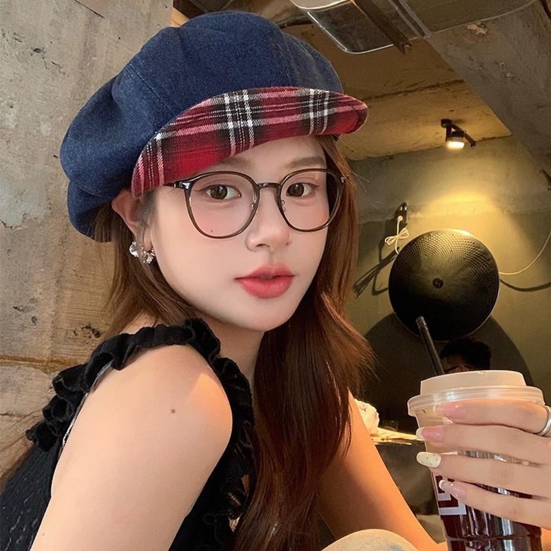 韩版牛仔云朵贝雷帽女可爱2025新款大头围报童帽显脸小云朵八角帽