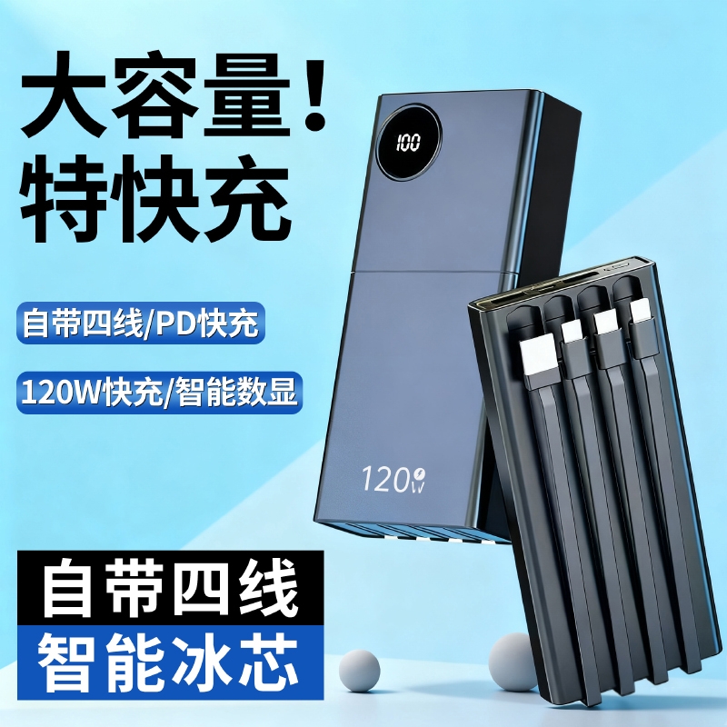 充电宝60000毫安【新国标3C认证】超级快充新款大容量超级闪充自带线20000毫安适用华为苹果5万移动电源