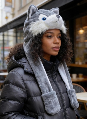 帽子护耳帽围巾连帽一体三件套灰色哈士奇帽户外加厚保暖亲子帽