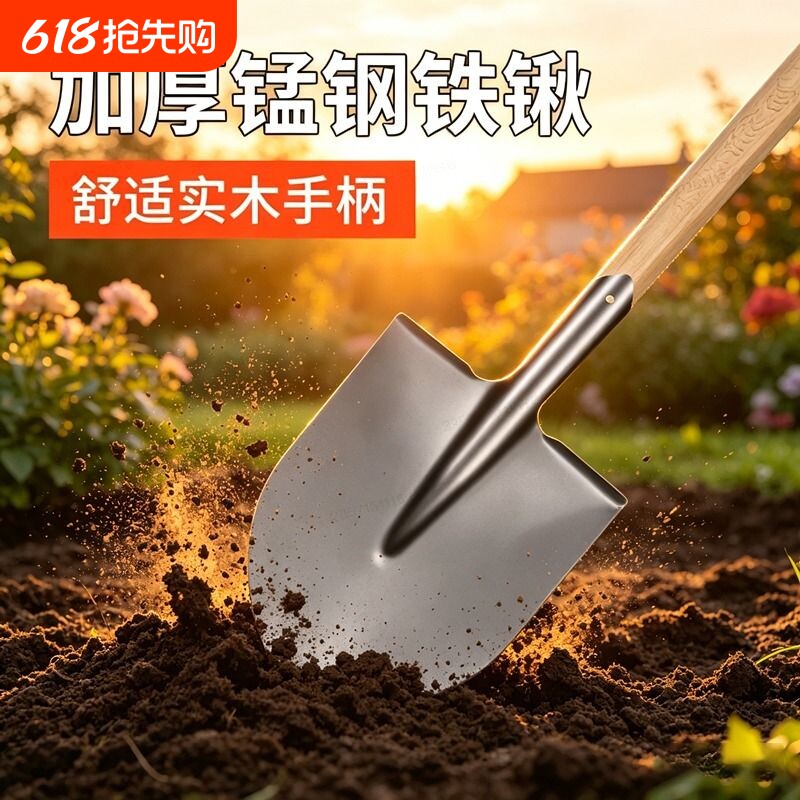 加厚大铁锹锰钢铁锨农用挖土种花尖方平头锹户外铲子园林工具园艺