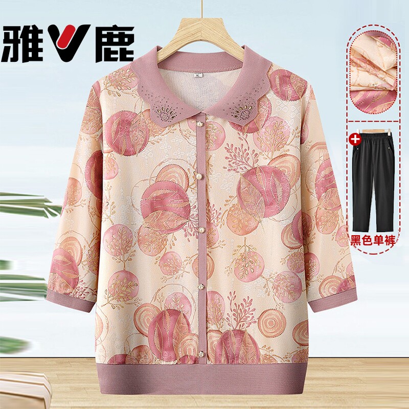 雅鹿奶奶装七分袖t恤老人衣服妈妈春夏装上衣冰丝中老年女装薄款