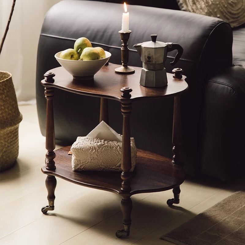 b实木小推车法式复古茶几置物架收纳滚轮可移动边几角几