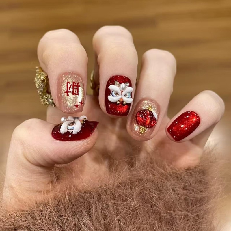 新年红色猫眼醒狮穿戴甲美甲贴片2026春节战甲指甲贴片短款半手工,彩妆/香水/美妆工具,穿戴甲/甲片,淘宝优惠券,粉丝福利购,淘宝优惠卷