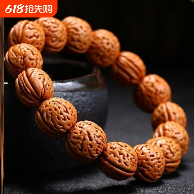 核桃手串脑纹麒麟纹手把件盘玩桃核佛珠念珠正圆手链男女原籽龙纹