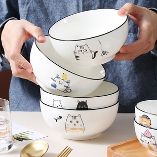 餐具高温加热 陶瓷碗猫咪可爱大汤碗吃饭碗组合泡面碗家用碗碟套装