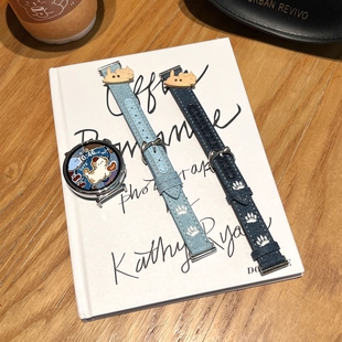 牛仔纽扣猫适用华为GT6表带5pro可爱猫咪牛仔皮质41mmGT4秋冬watch5高级蓝色可调节小米s4配件18mm/20mm/22mm