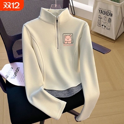 女童半高领拉链德绒上衣秋冬中大童洋气假两件保暖长袖打底衫加绒