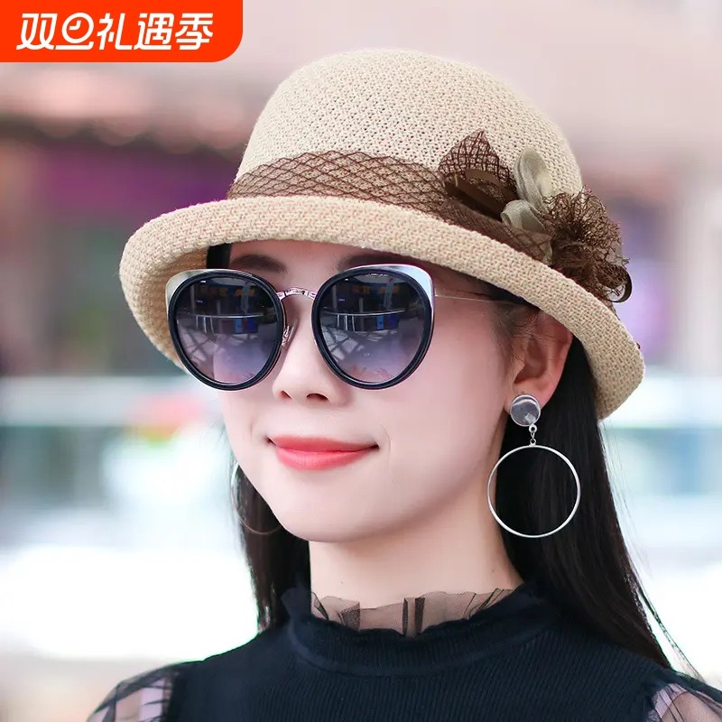 妈妈盆帽帽子女渔夫帽女士夏季百搭时尚薄款透气草帽礼帽卷边优雅
