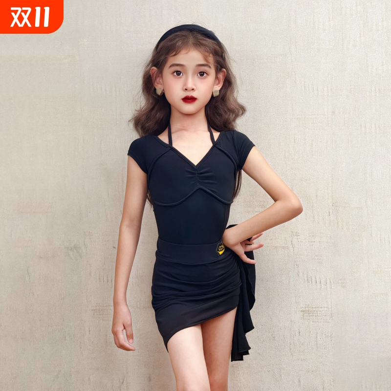 拉丁舞服女童夏新款连体上衣裙子套装少儿舞蹈训练习功表演服黑色