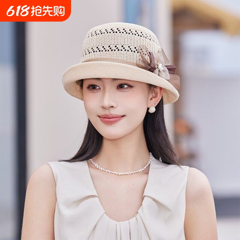 防晒女士妈妈帽子遮阳小礼帽法式卷边网纱盆帽旅行户外黑色优雅