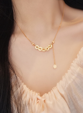 S925纯银碎碎冰金色五帝钱币项链吊坠新中式古法精致招财进宝手链