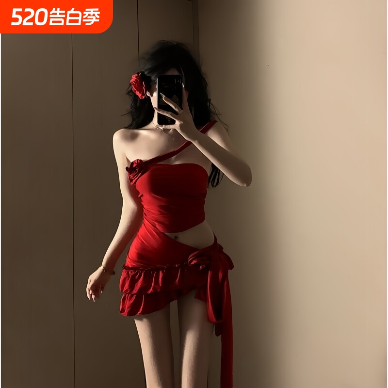 纯欲风新款分体泳衣女红色比基尼性感辣妹氛围感小胸显瘦海岛度假