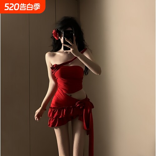 纯欲风新款分体泳衣女红色比基尼