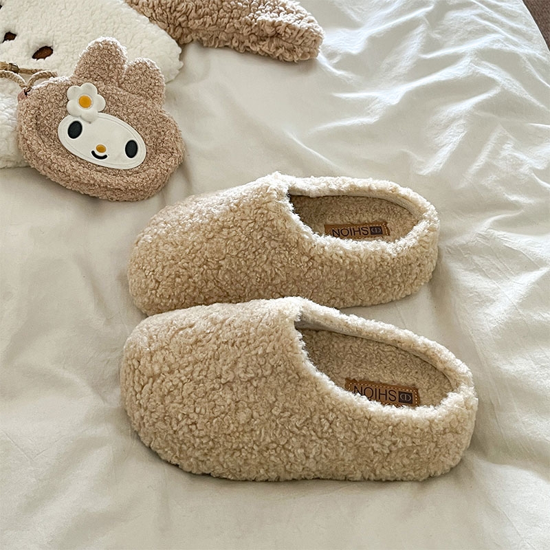 增高保暖包头羊羔毛毛拖鞋女外穿2025秋冬新款厚底加绒一脚蹬棉拖