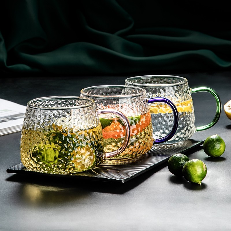 日式锤纹杯带把玻璃杯透明耐高温家用玻璃花茶杯网红锤纹水杯防爆