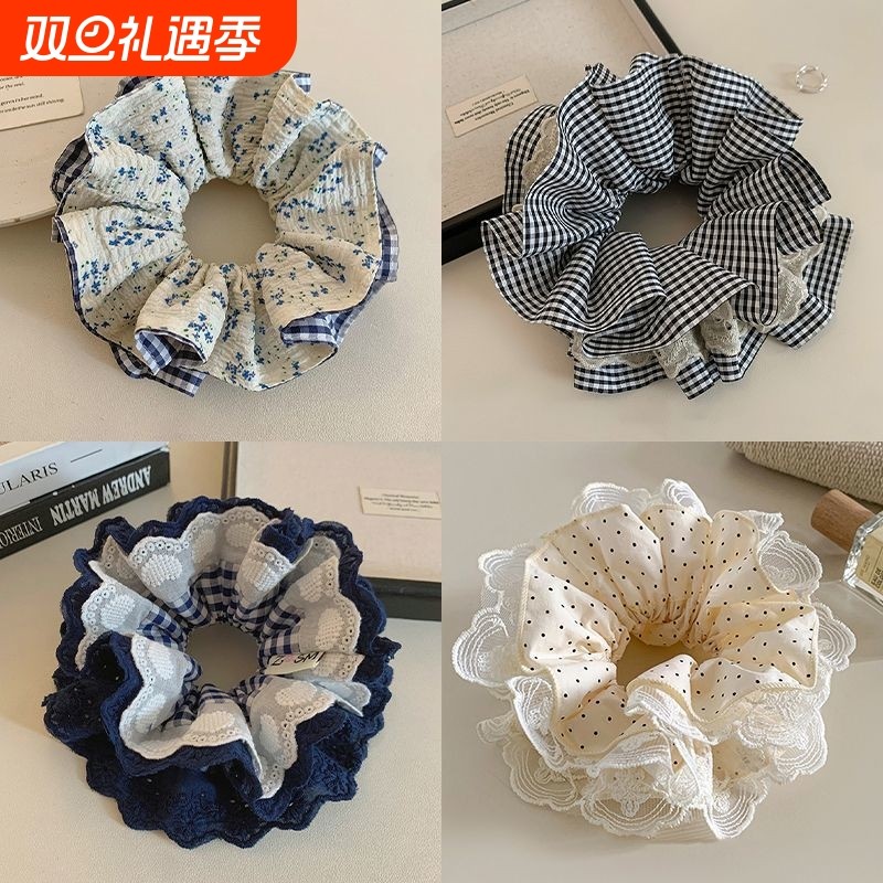 森系黄色格子碎花大肠发圈女法式田园风头花发绳气质绑丸子头头绳