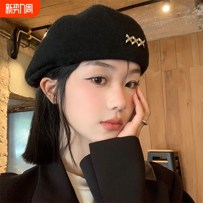 黑色贝雷帽女秋冬季韩系毛呢保暖显脸小白色帽子大头围画家帽灰色