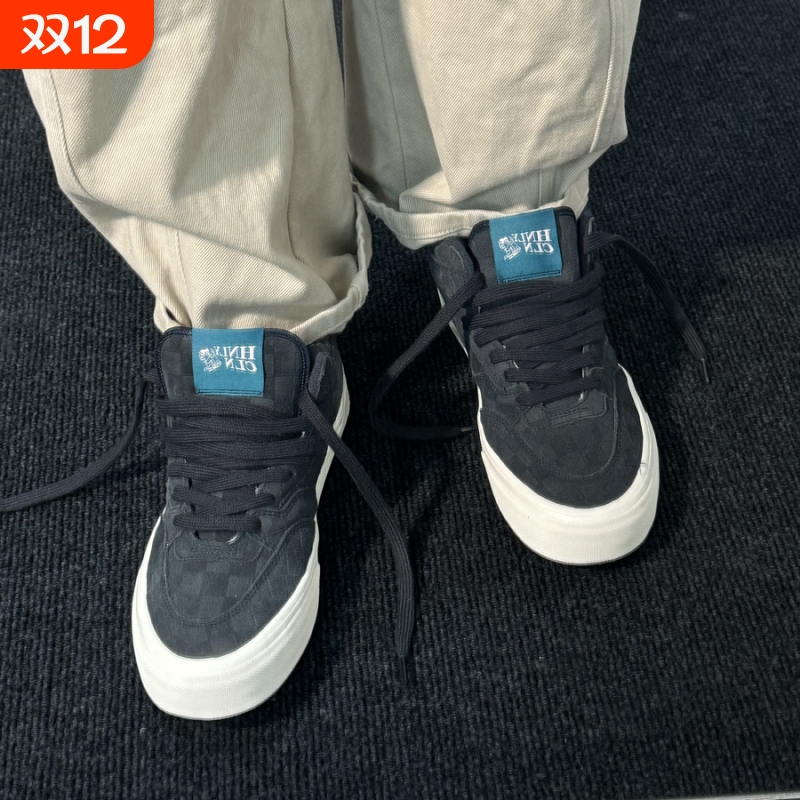 美式复古全麂皮中帮蓝灰棋盘格滑板鞋男女情侣时尚百搭休闲鞋潮鞋