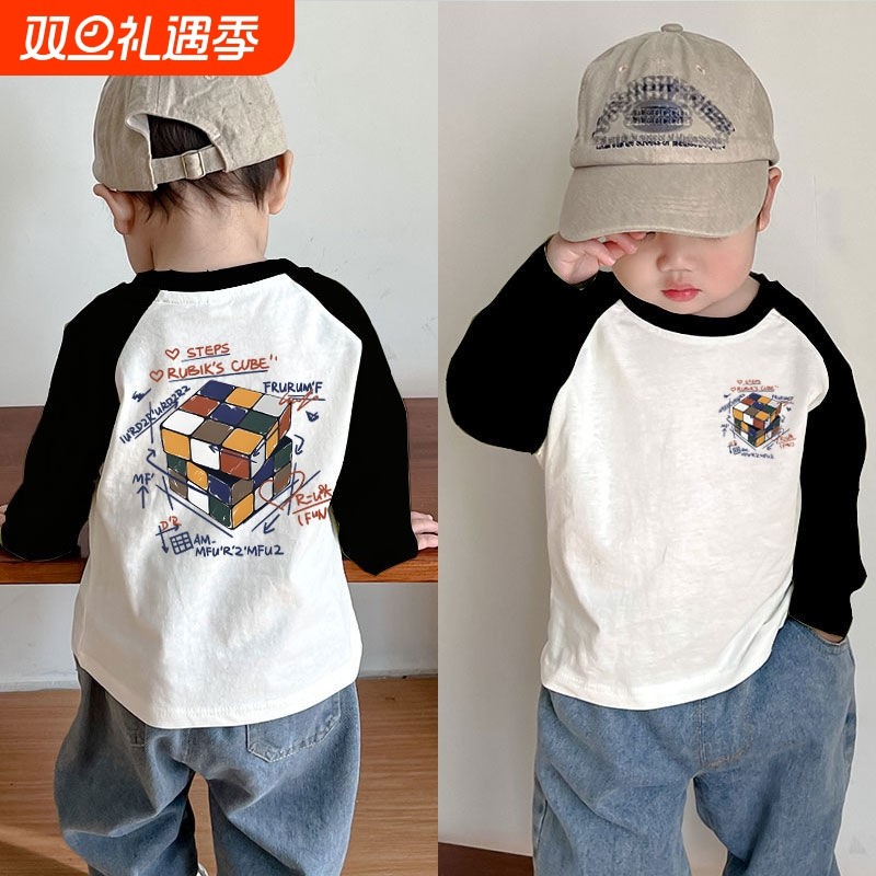 纯棉男女童插肩长袖T恤2025春秋装中小儿童宝宝洋气休闲打底上衣