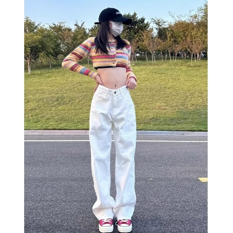 白色高腰阔腿牛仔裤女2024春夏新款小个子宽松显瘦直筒窄版拖地裤