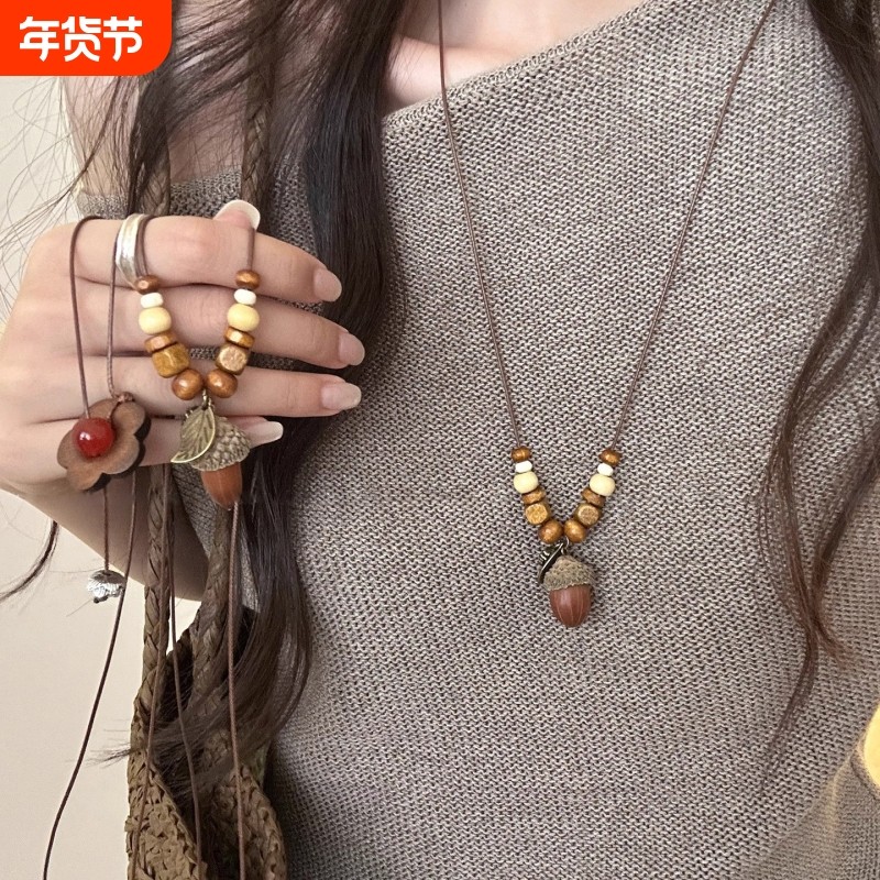 复古民族风橡果吊坠项链女2025新款爆款新中式古风长款毛衣链配饰