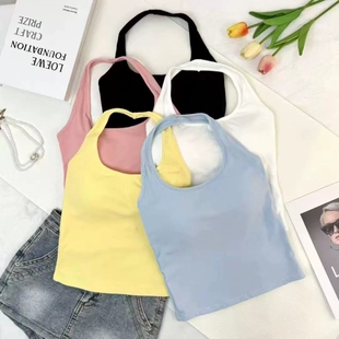 挂脖吊带背心上衣带胸垫少女夏季 多巴胺内搭显瘦蓝色粉色白色黑色