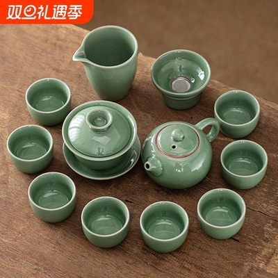 冰裂纹哥窑绿功夫茶具盖碗茶壶泡茶器套装提梁壶茶杯户外家用整套