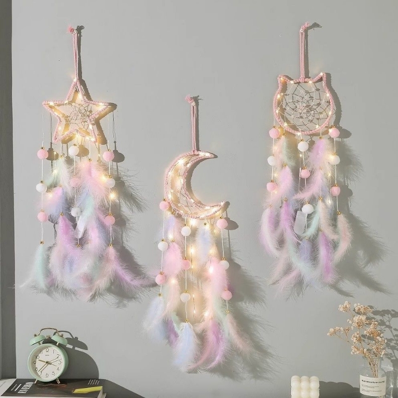 少女心捕梦网挂饰风铃手工diy成品羽毛编织挂件可爱儿童房装饰