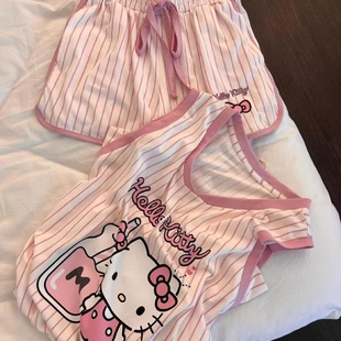 卡通KT猫条纹睡衣甜美女薄夏季背心短裤家居服两件套可外穿新款