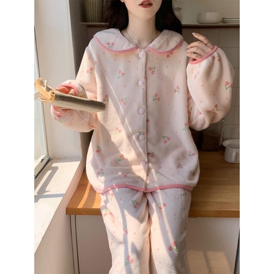 红豆睡衣珊瑚绒女秋冬款2025新款冬季加绒加厚法兰绒甜美樱桃冬天