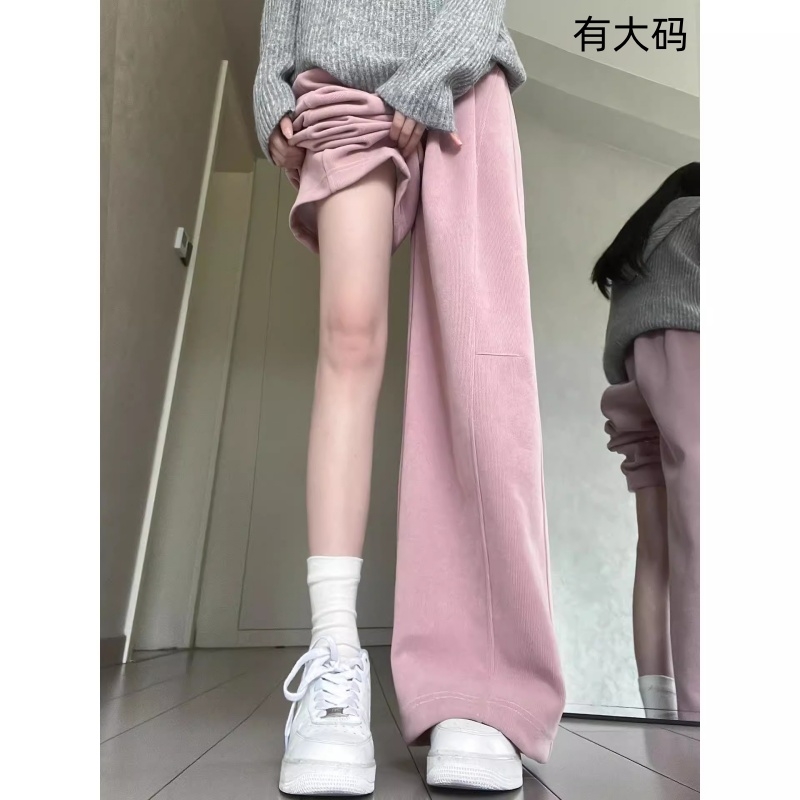粉色灯芯绒阔腿裤子女秋冬高腰显瘦休闲运动百搭显瘦加绒卫裤大码