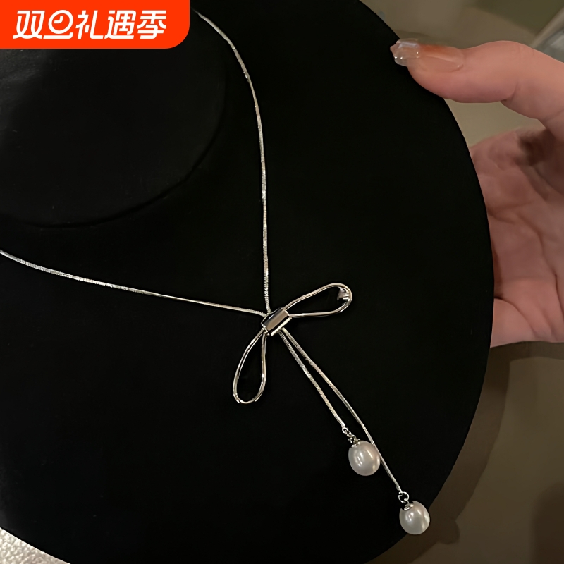 诸暨淡水珍珠吊坠女miu系少女心蝴蝶结毛衣链礼物送妈妈闺蜜水滴
