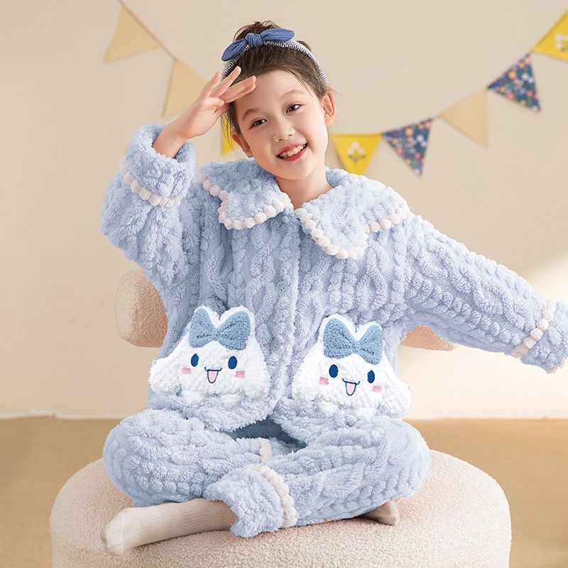 儿童睡衣女童秋冬季珊瑚绒加厚加绒法兰绒公主卡通玉桂狗女孩套装